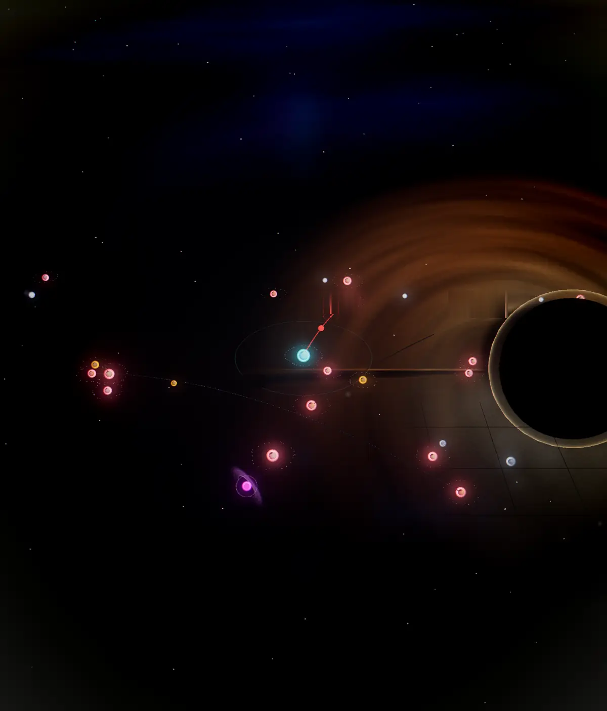 A wide view of the Galaro galaxy map, star systems scattered across deep space.